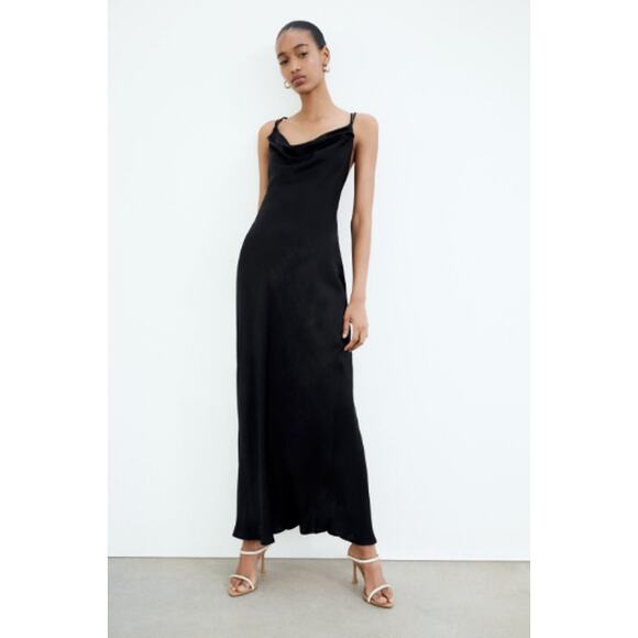 Zara Satin Midi Slip Dress Cowl Neck and Back Black Classic NEW with Tags - Picture 1 of 12